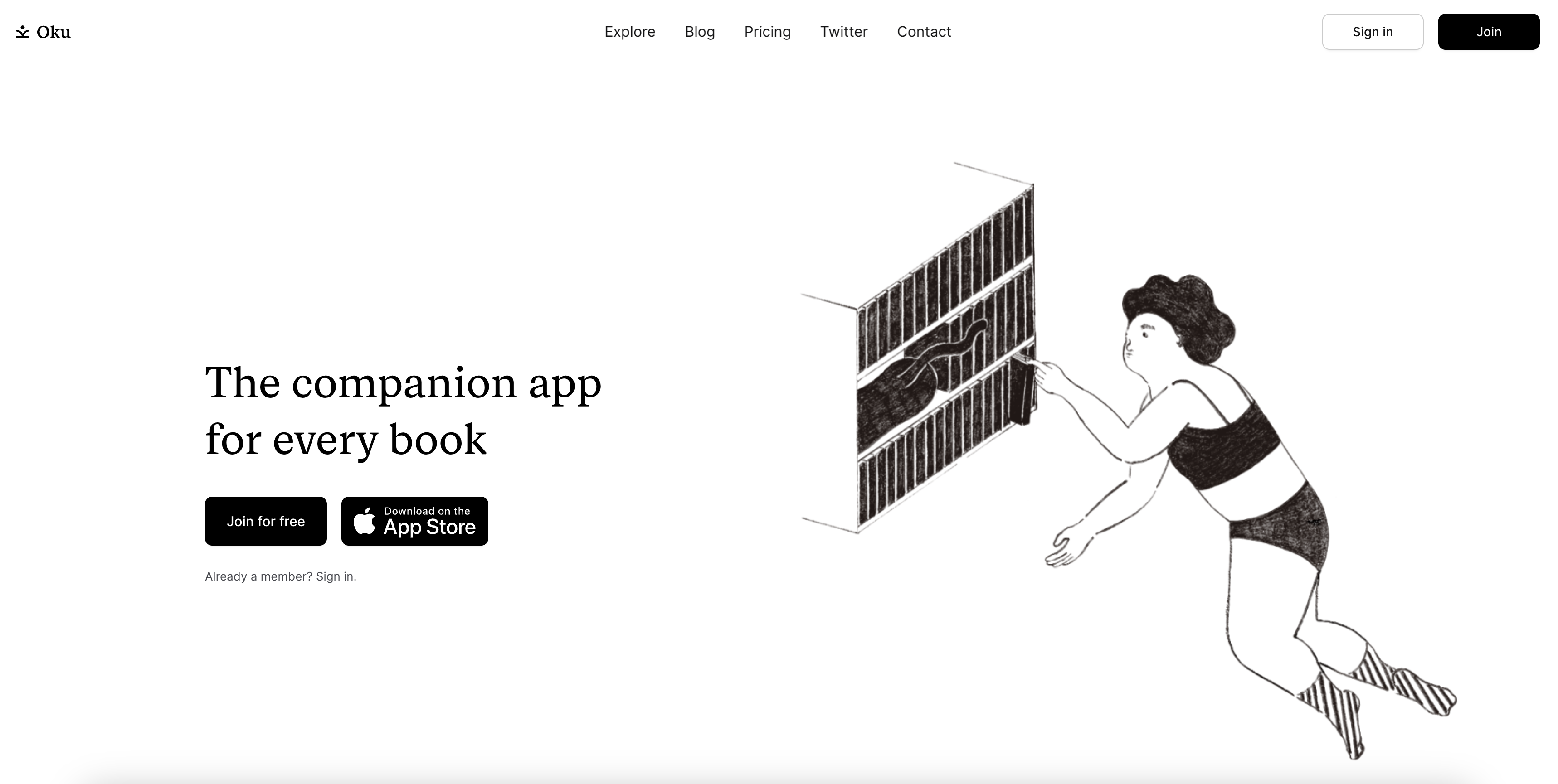 Oku’s liberal use of whitespace draws your attention to downloading their app.
