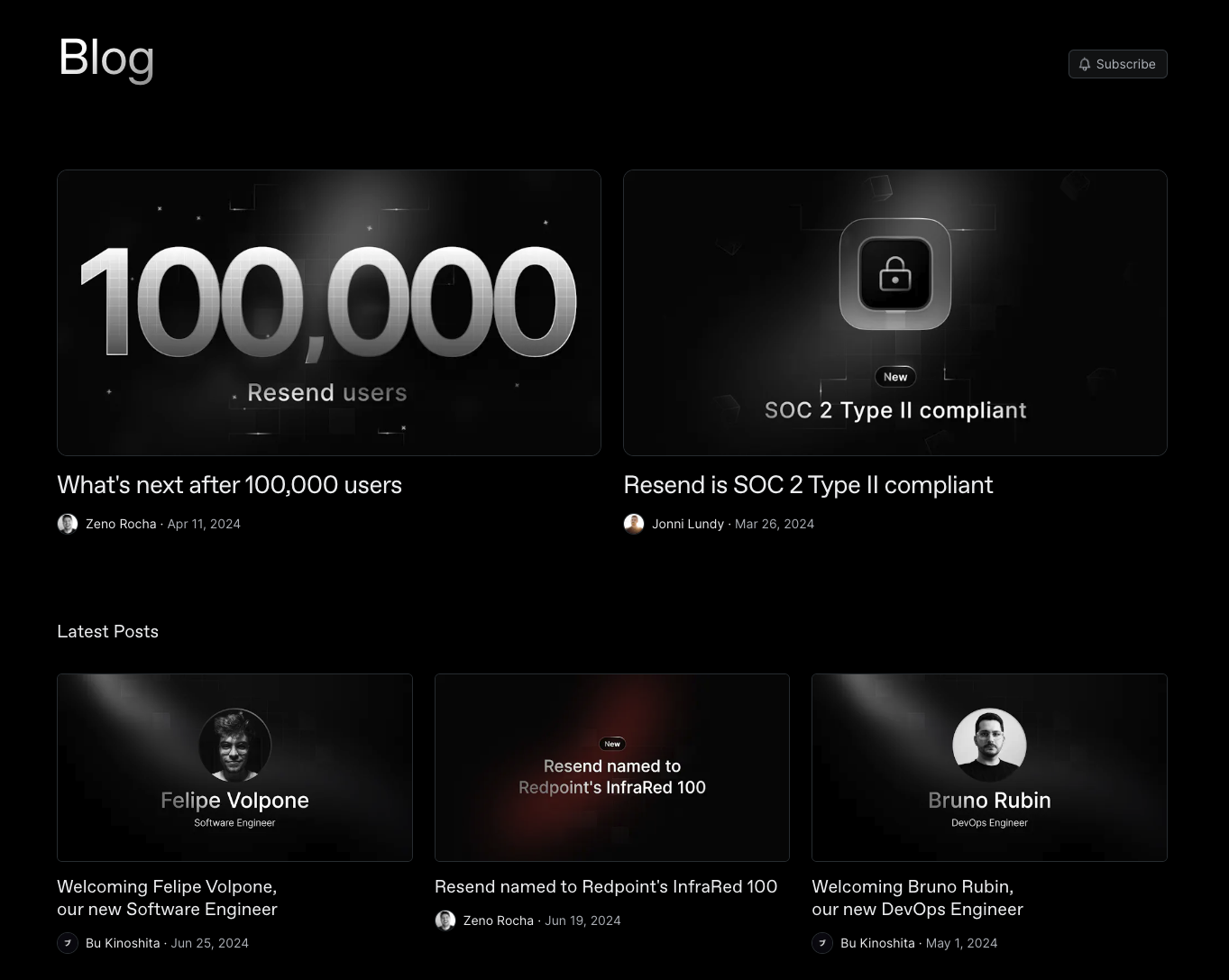 Resend’s blog emphasizes featured posts by scaling them up.