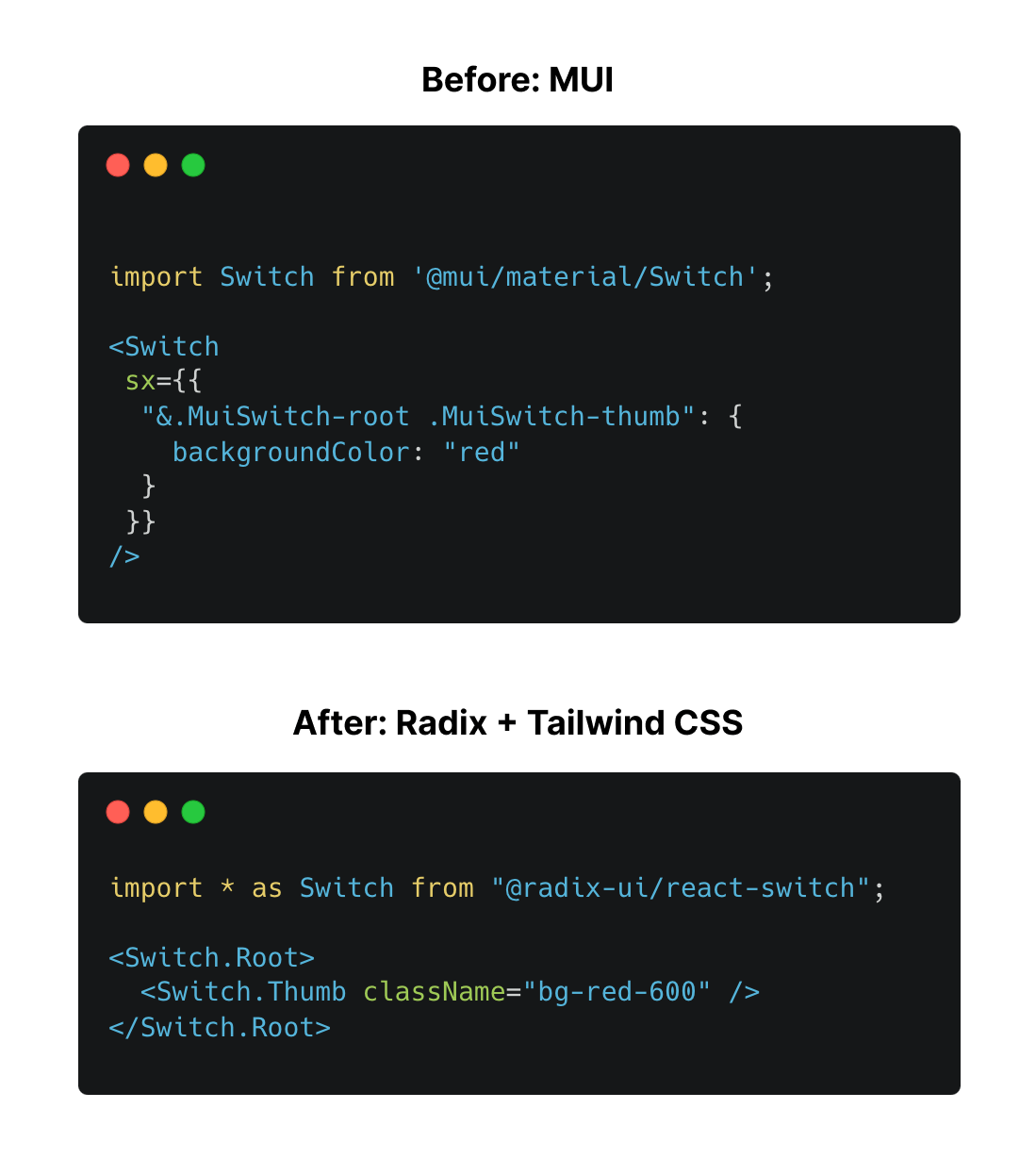 Non-headless libraries ship with opinionated styles, meaning you’d need to understand its internal CSS classes to override any default styles. Headless libraries like Radix makes styling trivial.
