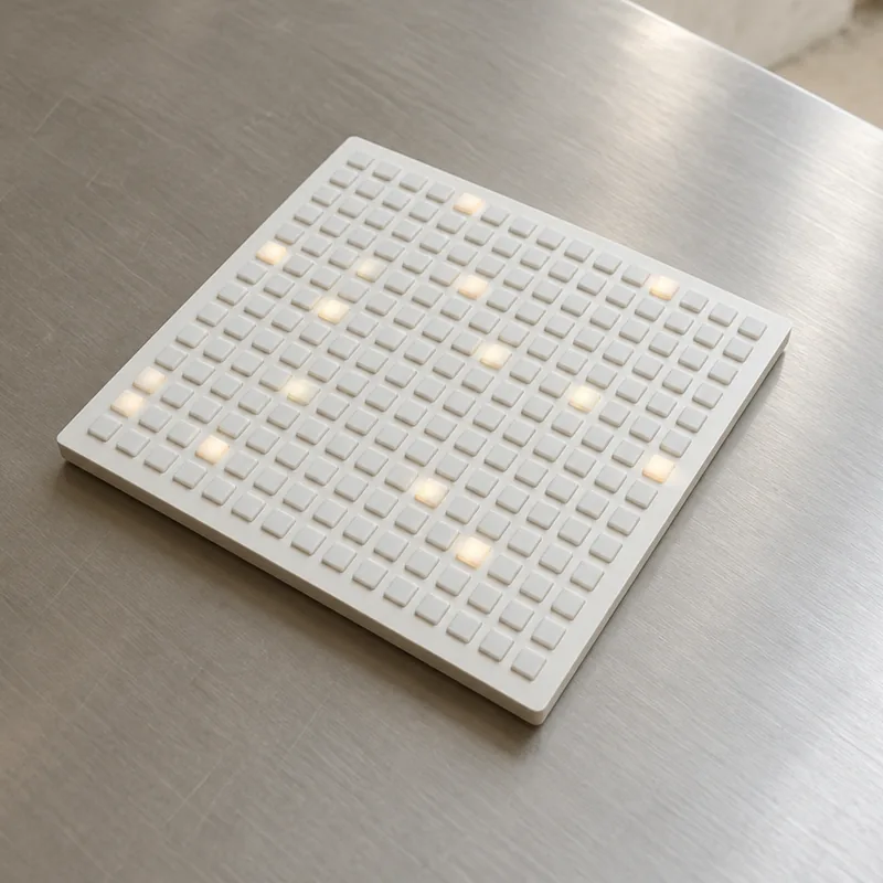 White Monome grid controller with softly illuminated buttons